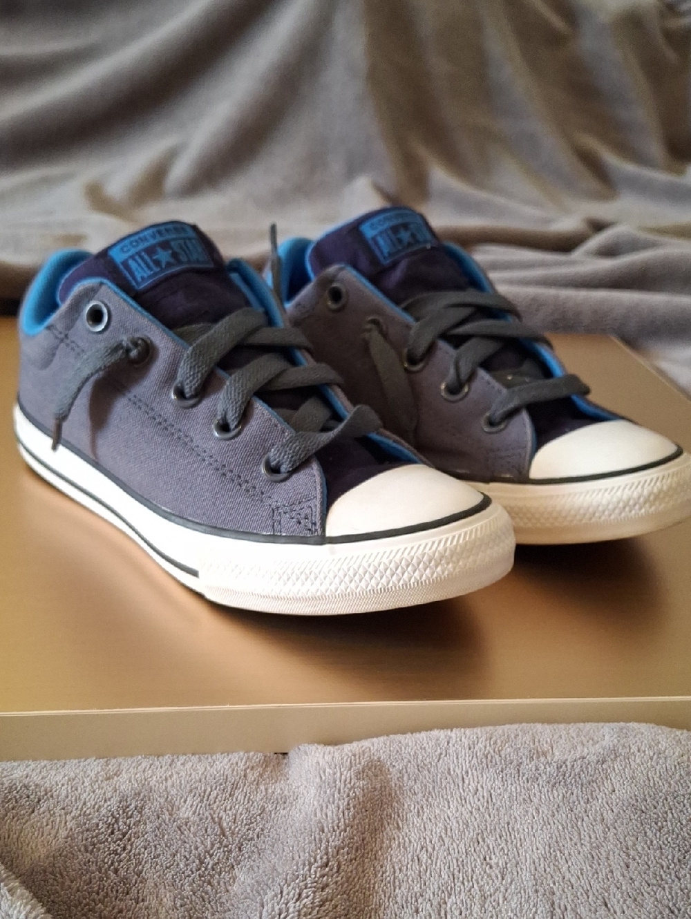 Converse Kids Low Top Canvas Sneakers in Gray with Blue Accents
